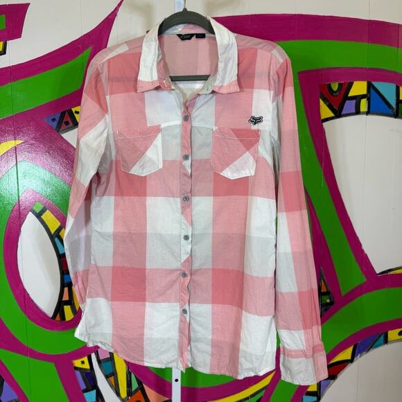 Fox Pink and White Plaid Button Up Top. Size Large. In excellent condition! - Picture 1 of 6